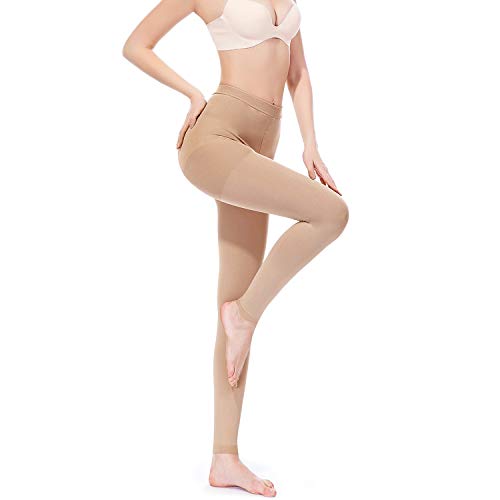 SWOLF Compression Pantyhose Women Men, 20-30 mmHg Graduated Firm Support Footless Compression Stockings - Rootless Waist High Edema Moderate Varicose Veins Medical Compression Tights (Beige, Large)