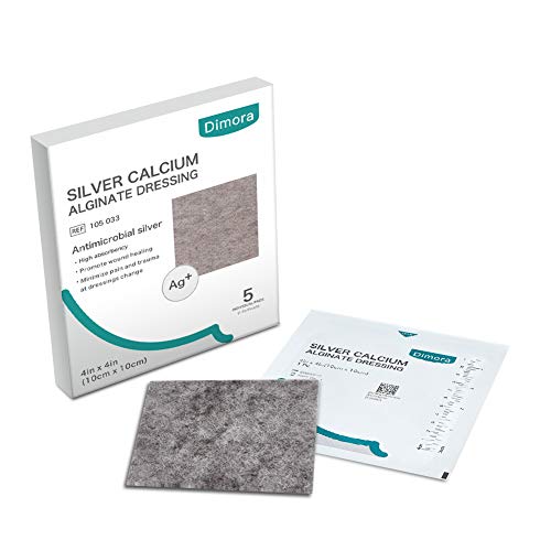 Dimora Ag Silver Calcium Alginate Wound Dressing Pads, 4'' x 4'' Patches, 5 Individual Pack, Highly Absorbent Dressing, Non-Stick Sterile Gauze