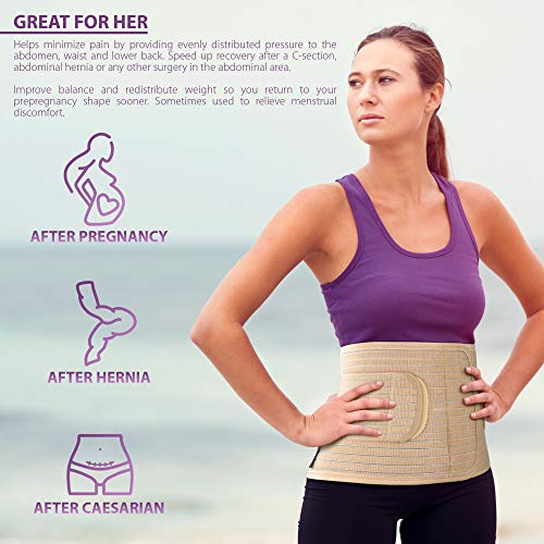 ORTONYX Ergonomic Postpartum Belly Band for After Birth, C-Section - Abdominal Binder Post Surgery Support Belt for Women and Men - Umblical Hernia Support Wrap S/M (22"-33") Beige