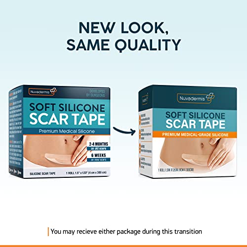 Silicone Scar Tape as Sheets, Strips - 1.5"x120" Extra Long - C-Section, Tummy Tuck, Keloid, Acne Removal Treatment - Post Surgery Supplies - Patch, Bandage - Try w/Surgical Silicon Gel by NUVADERMIS