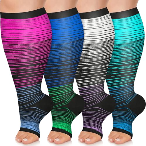 FuelMeFoot Plus Size Compression Socks Wide Calf for Women & Men 20-30mmHg Knee High Toeless Stockings for Circulation